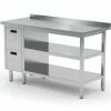 Null Edelstahl Gastro-Arbeitstisch Mit 2 Schubladen Links Sowie Grund- Und Zwischenboden Und Aufkantung | AISI 430 Qualität | HxBxT 85x90x60cm