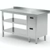 Null Edelstahl Gastro-Arbeitstisch Mit 2 Schubladen Rechts Sowie Grund- Und Zwischenboden Und Aufkantung | AISI 430 Qualität | HxBxT 85x90x70cm