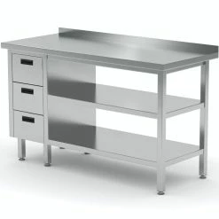 Null Edelstahl Gastro-Arbeitstisch Mit 3 Schubladen Links Sowie Grund- Und Zwischenboden Und Aufkantung | AISI 430 Qualität | HxBxT 85x130x60cm