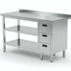 Null Edelstahl Gastro-Arbeitstisch Mit 3 Schubladen Rechts Sowie Grund- Und Zwischenboden Und Aufkantung | AISI 430 Qualität | HxBxT 85x140x70cm