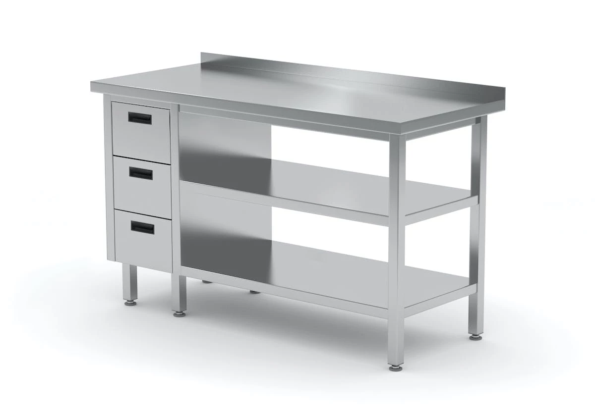 Null Edelstahl Gastro-Arbeitstisch Mit 3 Schubladen Links Sowie Grund- Und Zwischenboden Und Aufkantung | AISI 430 Qualität | HxBxT 85x90x60cm 1 Null Edelstahl Gastro-Arbeitstisch Mit 3 Schubladen Links Sowie Grund- Und Zwischenboden Und Aufkantung | AISI 430 Qualität | HxBxT 85x90x60cm