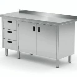 Null Edelstahl Gastro-Arbeitstisch Mit 3 Schubladen Und 2 Klapptüren | AISI 430 Qualität | HxBxT 85x130x70cm
