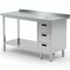 Null Edelstahl Gastro-Arbeitstisch Mit 3 Schubladen Rechts Sowie Grundboden Und Aufkantung | AISI 430 Qualität | HxBxT 85x90x60cm
