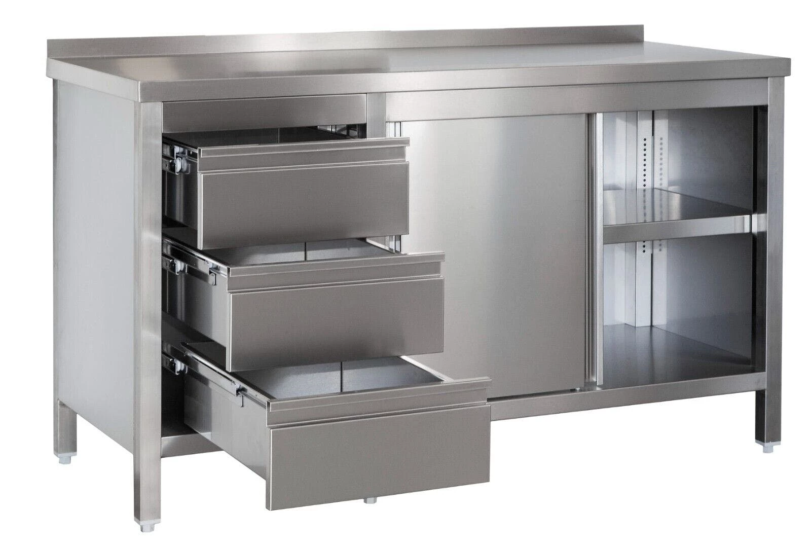Null Gastro Arbeitsschrank Mit Grundboden, Schiebetüren, Schubladen Rechts, Aufkantung & Zwischenboden Chromstahl (BxT) 2400 X 800 Mm 3 Null Gastro Arbeitsschrank Mit Grundboden, Schiebetüren, Schubladen Rechts, Aufkantung & Zwischenboden Chromstahl (BxT) 2400 X 800 Mm – Bild 3