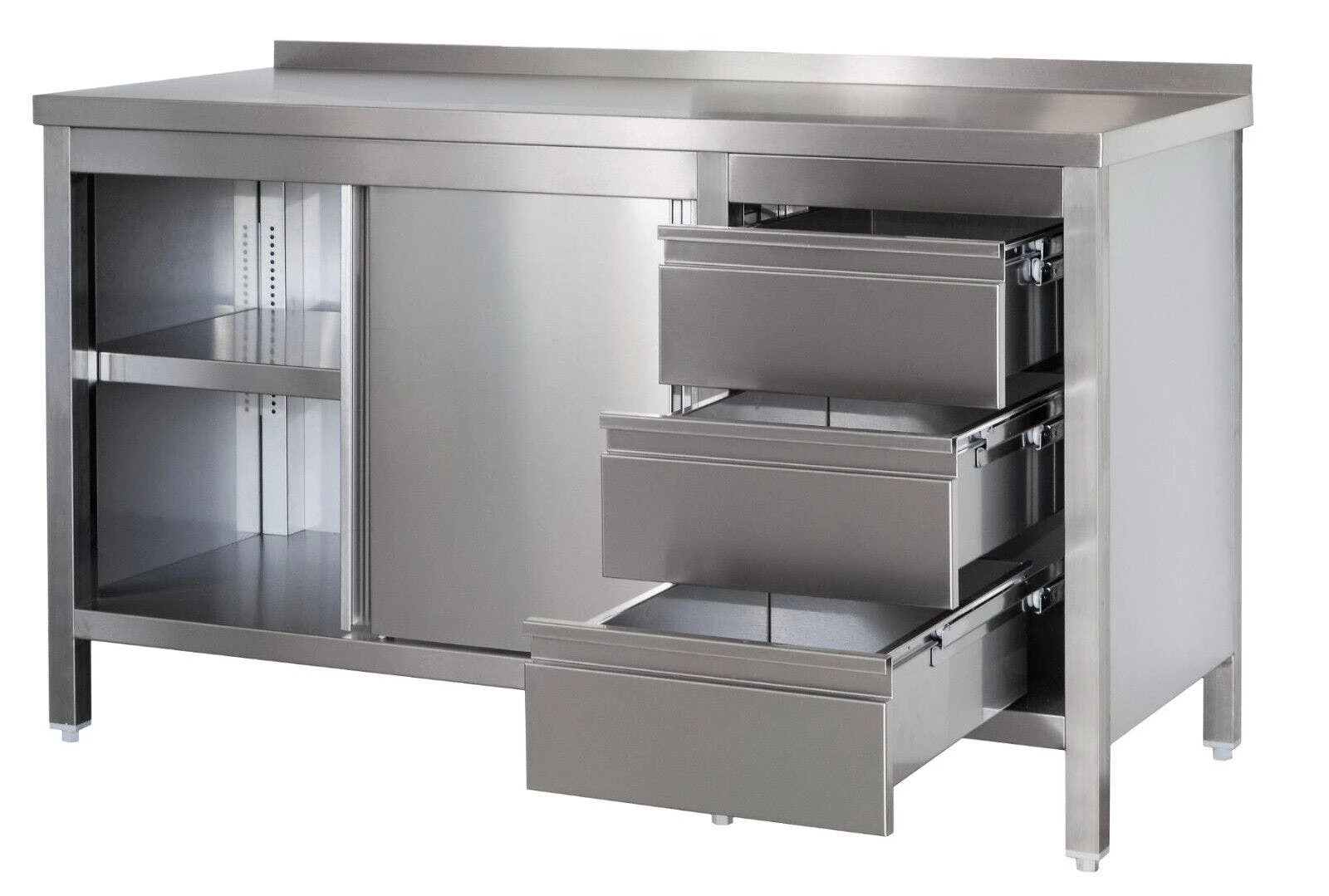 Null Gastro Arbeitsschrank Mit Grundboden, Schiebetüren, Schubladen Rechts & Zwischenboden Chromstahl (BxT) 1500 X 800 Mm 3 Null Gastro Arbeitsschrank Mit Grundboden, Schiebetüren, Schubladen Rechts & Zwischenboden Chromstahl (BxT) 1500 X 800 Mm – Bild 3