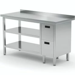 Null Edelstahl Gastro-Arbeitstisch Mit 2 Schubladen Rechts Sowie Grund- Und Zwischenboden Und Aufkantung | AISI 430 Qualität | HxBxT 85x190x70cm