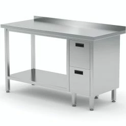 Null Edelstahl Gastro-Arbeitstisch Mit 2 Schubladen Rechts Sowie Grundboden Und Aufkantung | AISI 430 Qualität | HxBxT 85x140x70cm